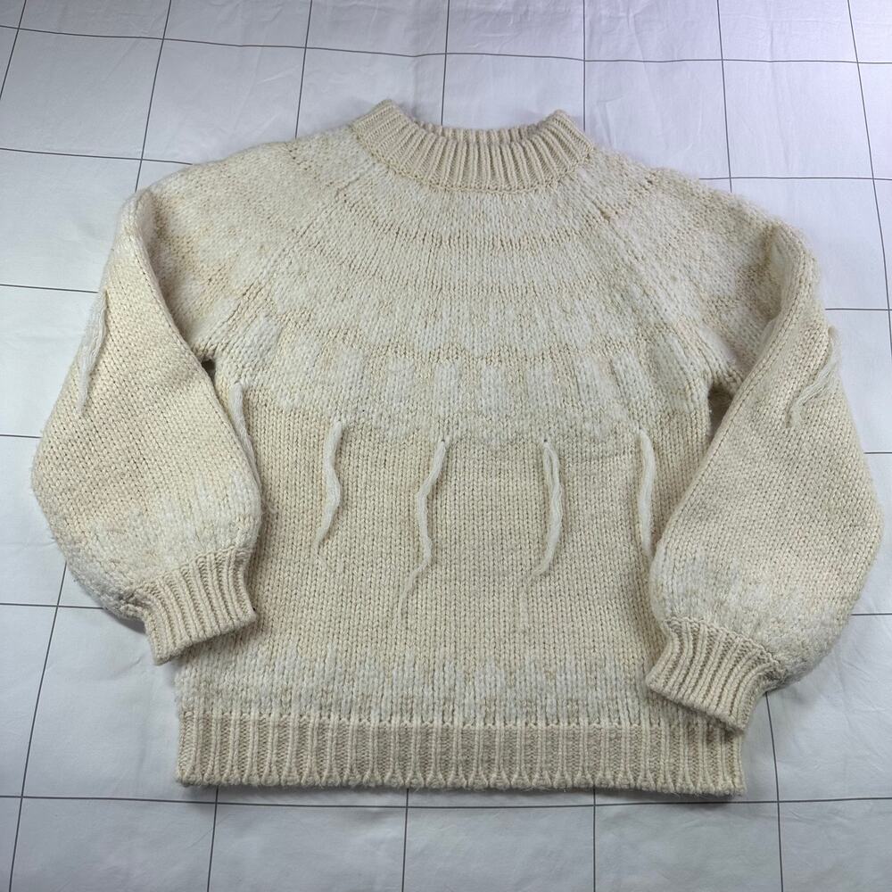 Saylor Sweater Womens Small Cream Wool Blend Fringe Boho Knit Nordic Ribbed Crew
